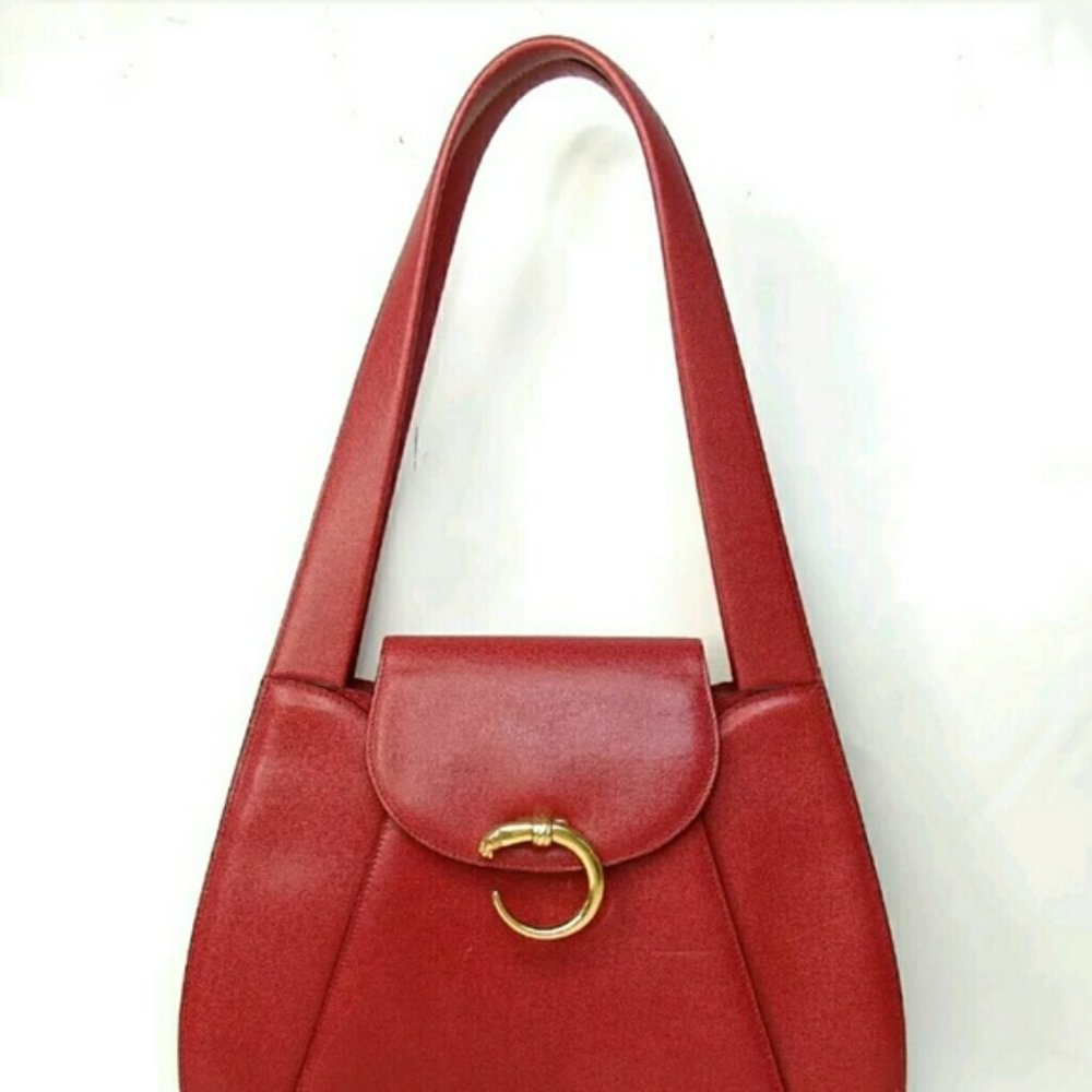 HOST PICK RARE Cartier Vintage PANTHERE Leather CALF red gold tote Shoulder bag - Picture 5 of 8